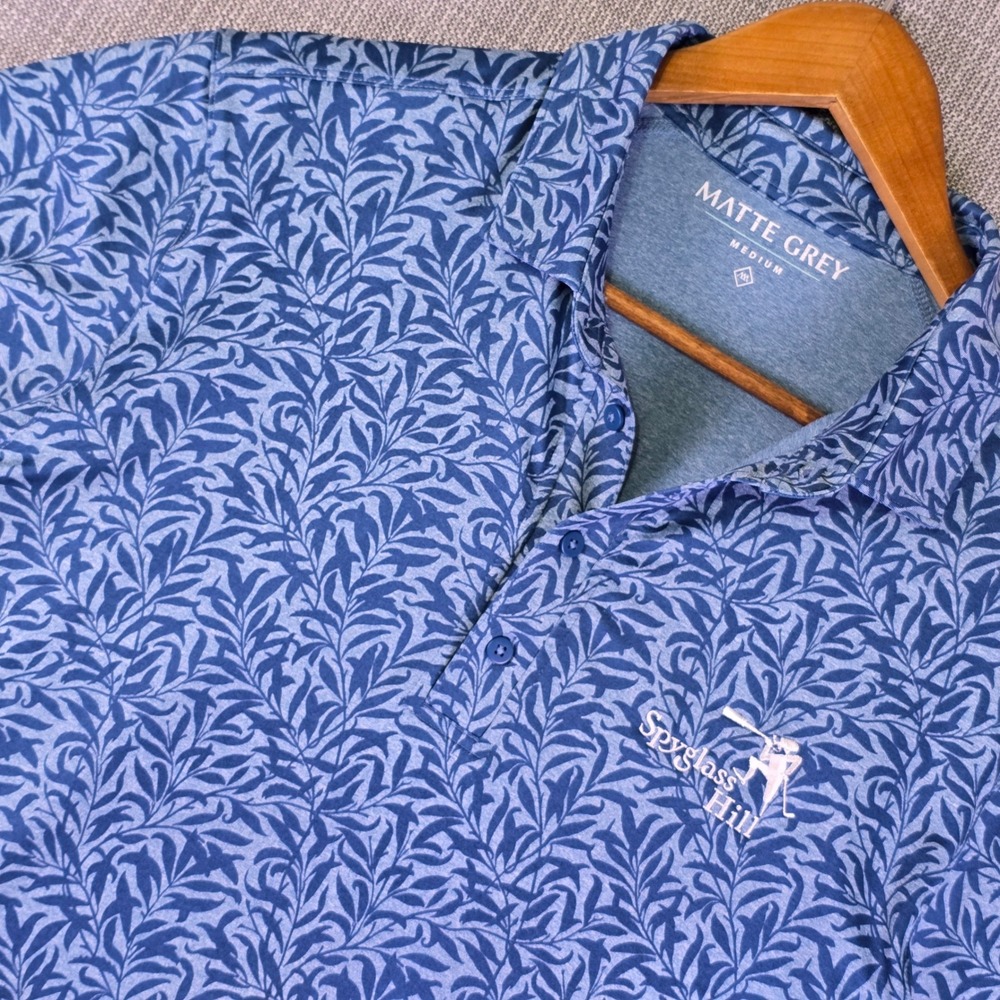Spyglass Hill Golf Course x Matte Grey Polo Shirt Mens M Blue Floral Leaf Print